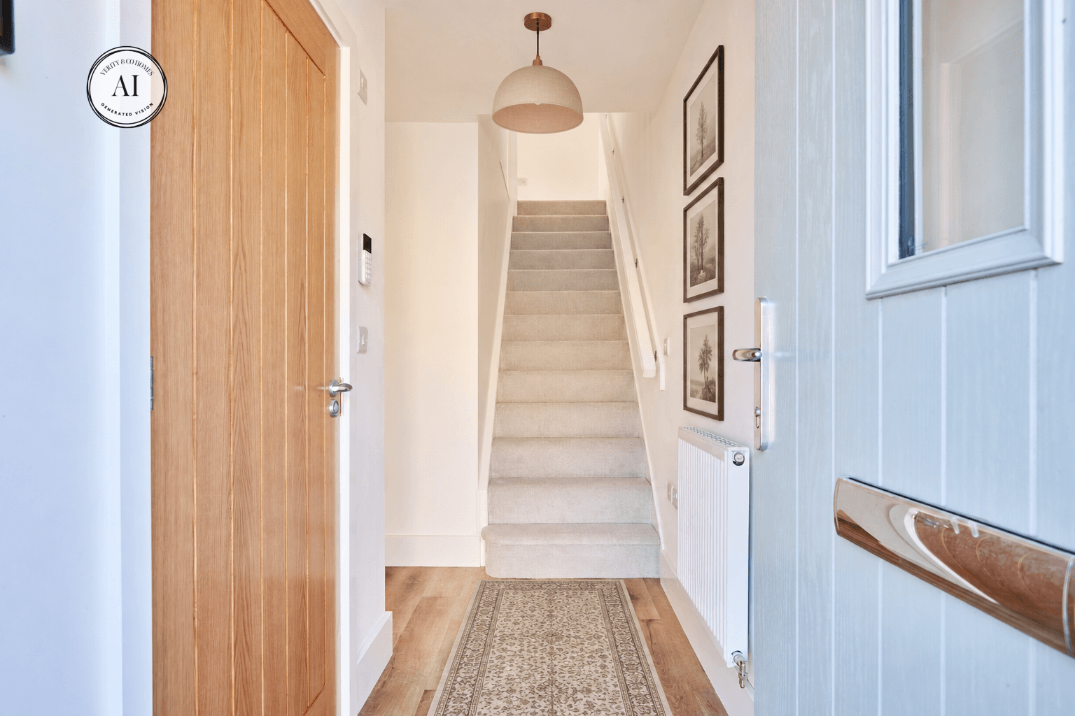 Welcoming entrance hallway with wood-effect flooring, carpeted stairs, framed wall art, neutral décor and an open front door.