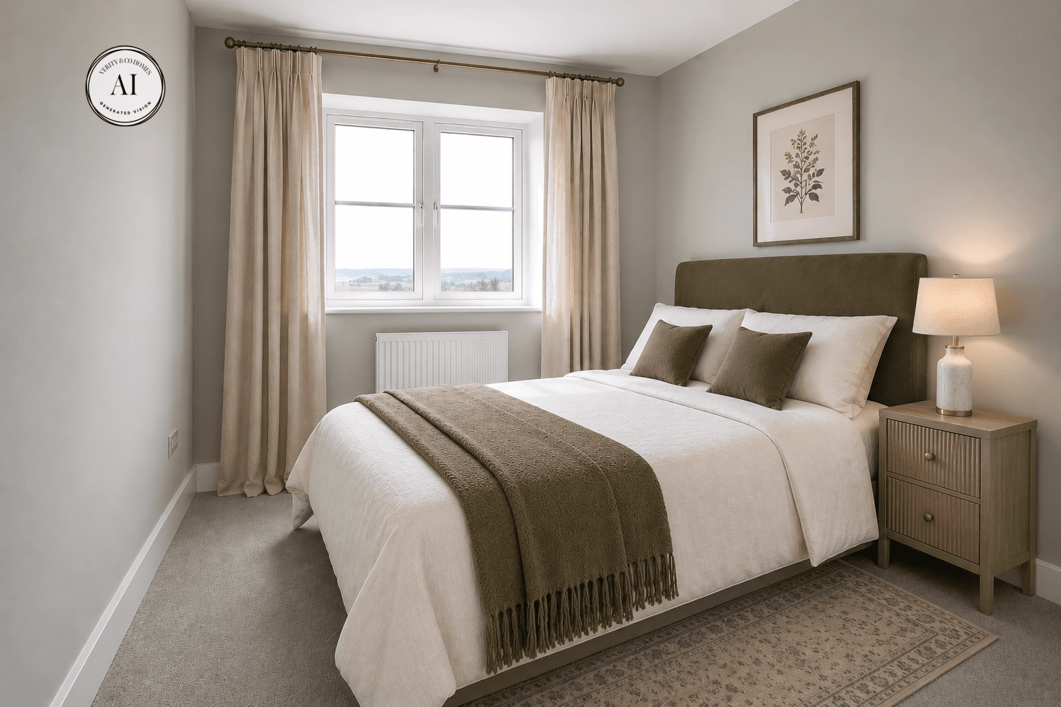 Double bedroom with countryside views, sage green walls, neutral curtains, layered bedding, bedside table and soft green styling accents.