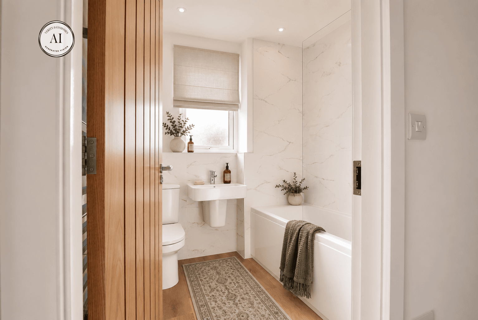 Bright family bathroom with marble-effect wall tiles, a white bath with glass screen, wood-effect flooring, soft neutral styling and a partially open wooden doo