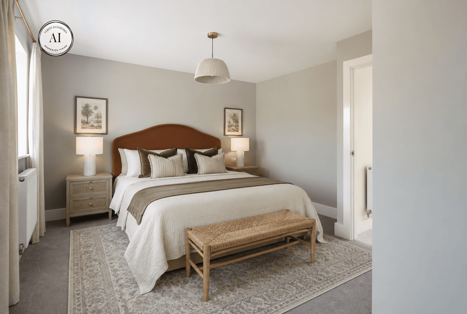 Styled double bedroom with sage green walls, upholstered headboard, layered neutral bedding, bedside tables, lamps and a woven bench at the foot of the bed.