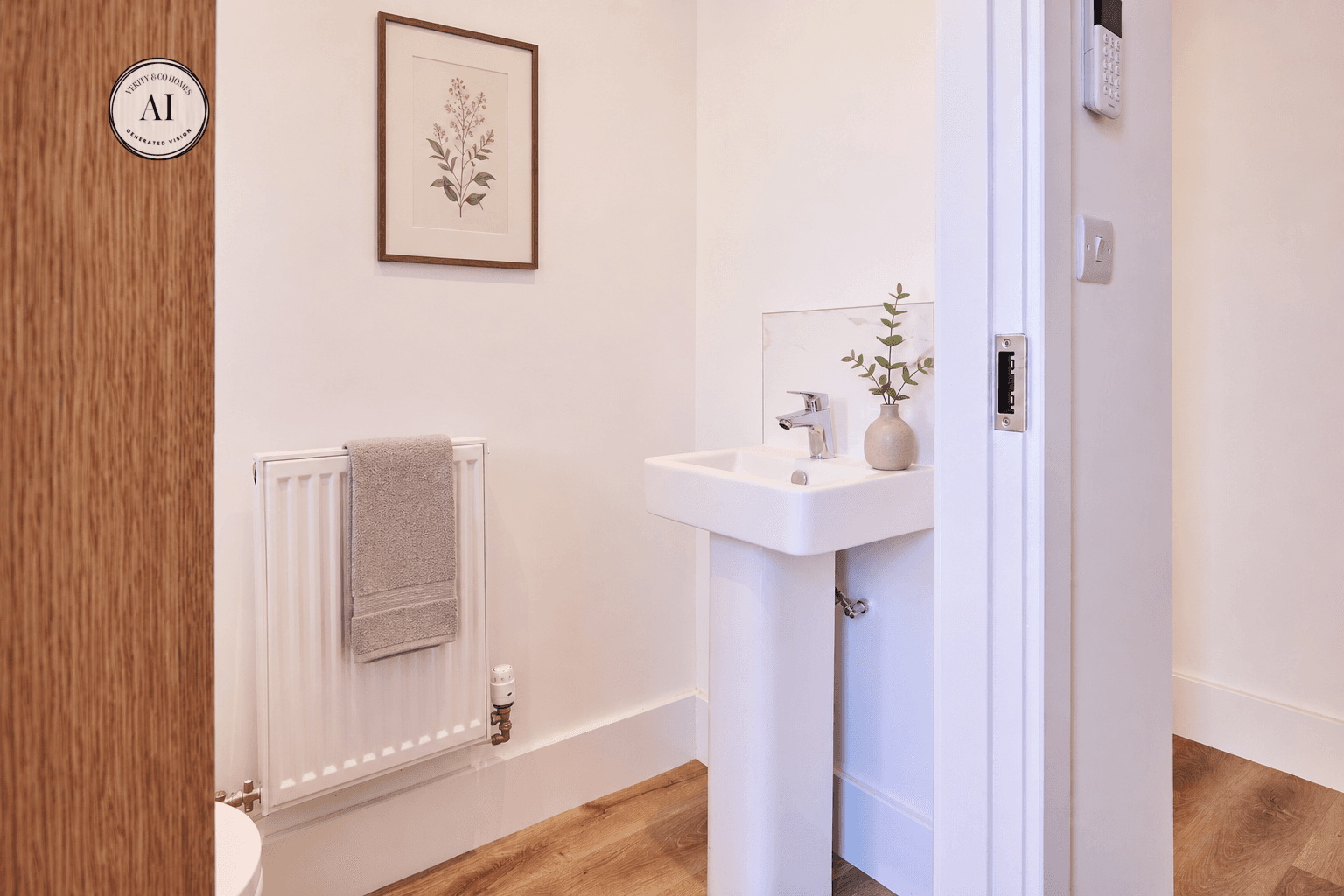 Compact downstairs WC with wood-effect flooring, white basin, radiator, neutral wall art and soft natural styling.