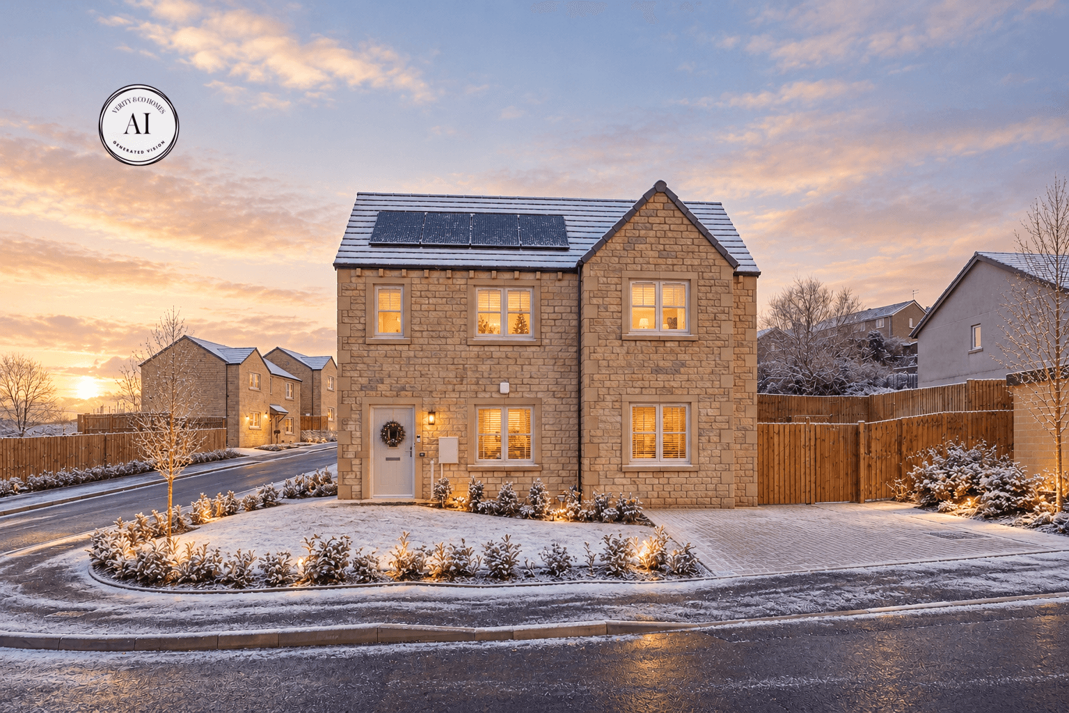 AI-generated winter view of The Read at The Oaks, Skipton, showing a stone-built detached home with snow-covered landscaping and warm evening lights.