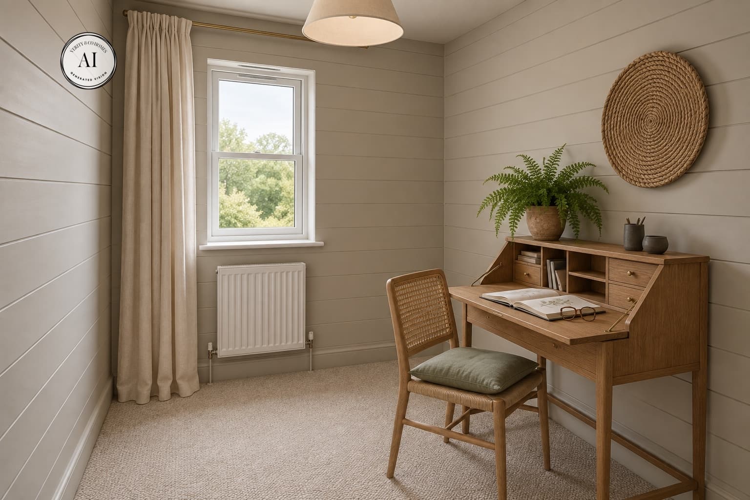 AI visualisation of the Iris study at Birchley Fold, with a timber desk, soft neutral finishes and a window bringing in natural light.