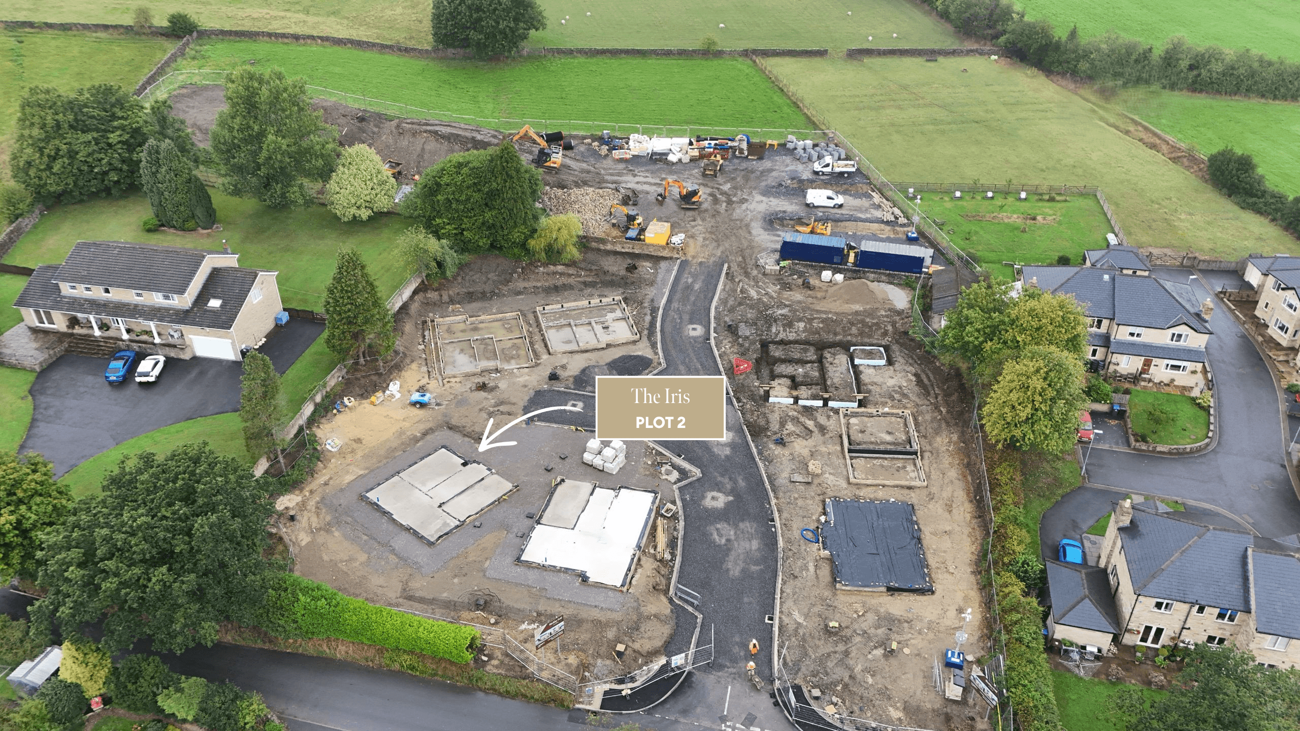 Aerial view of Birchley Fold under construction, with Plot 2, The Iris, highlighted towards the front of the development.