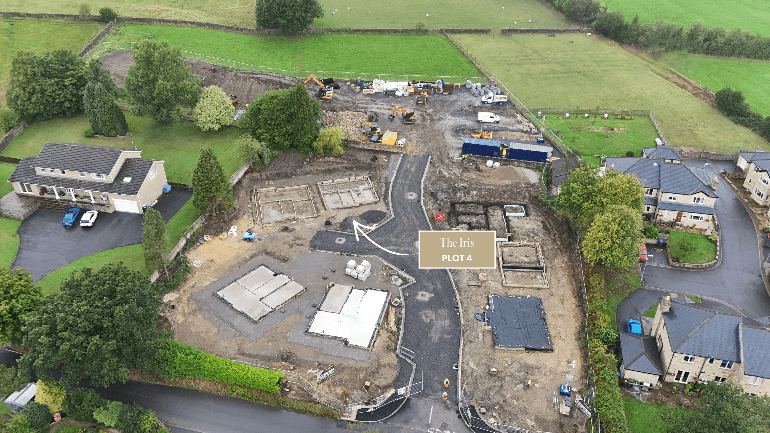 Aerial view of Birchley Fold under construction, with Plot 4, The Iris, highlighted beside the central development road.