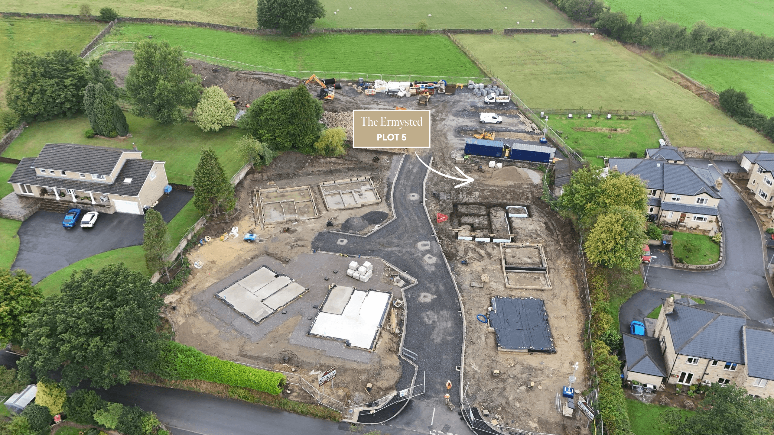 Aerial view of Birchley Fold under construction, showing Plot 5, The Ermysted, positioned towards the upper right of the development.