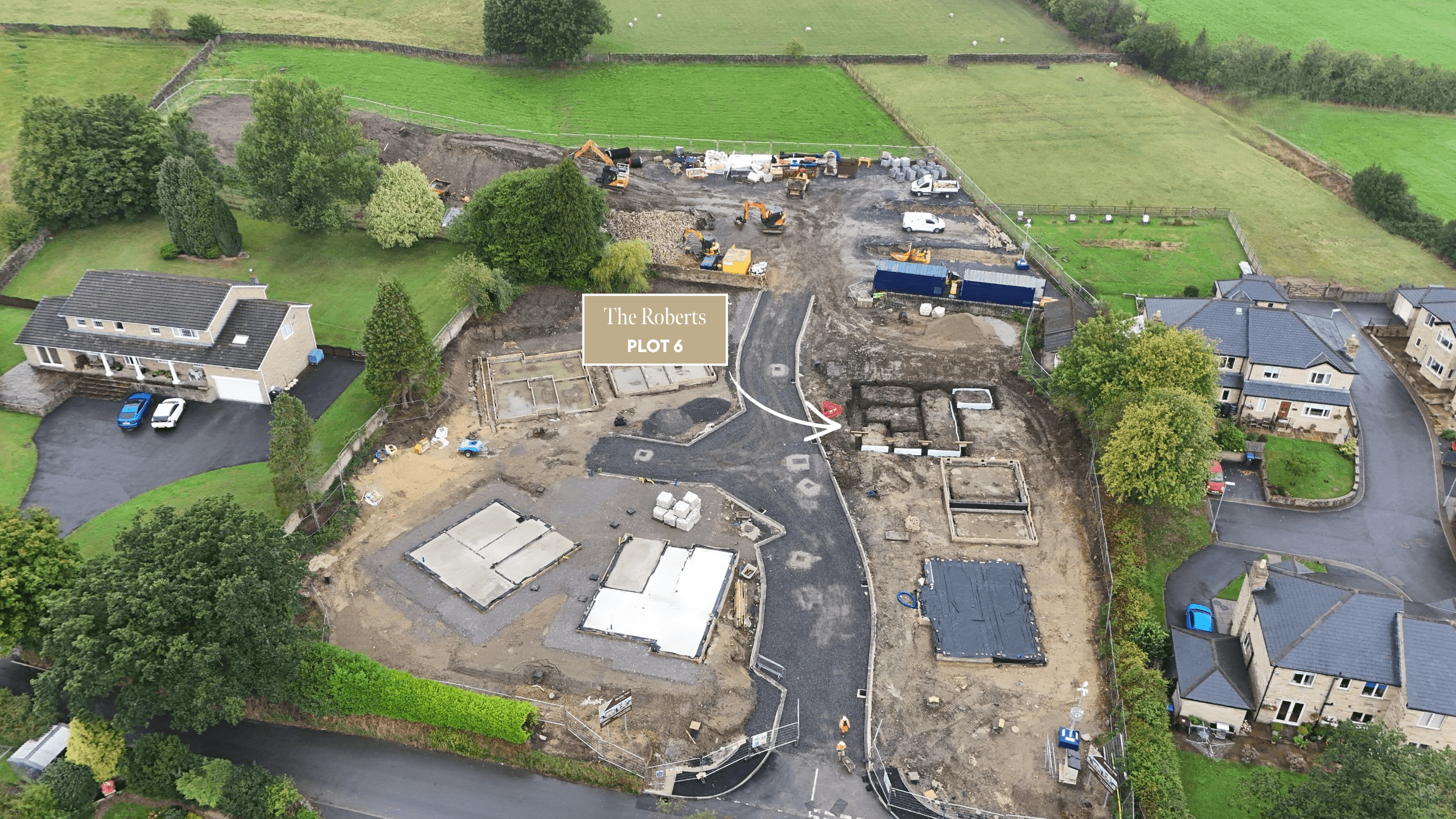 Aerial view of Birchley Fold under construction, with Plot 6, The Roberts, highlighted on the right-hand side of the development.