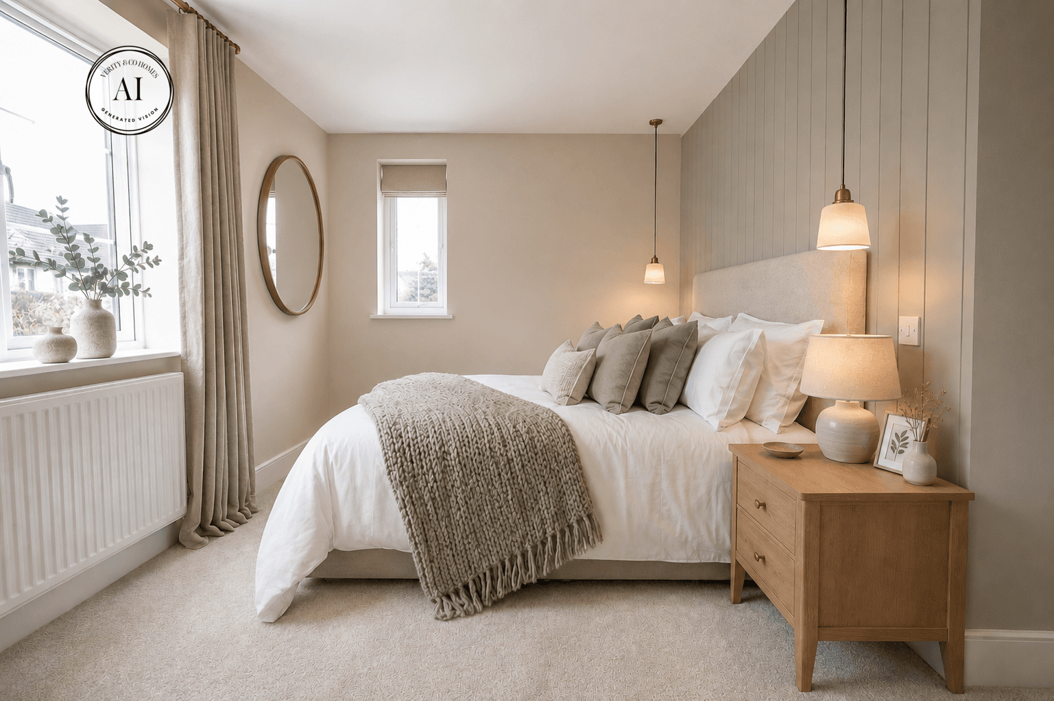Light and spacious double bedroom with neutral décor, sage green feature panelling, pendant bedside lights and large windows.