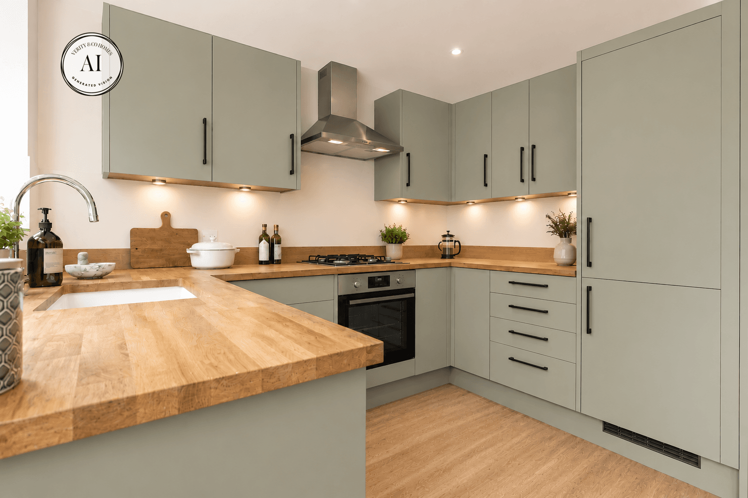 Sage green fitted kitchen with oak-effect worktops, black handles, integrated appliances and warm under-cabinet lighting.