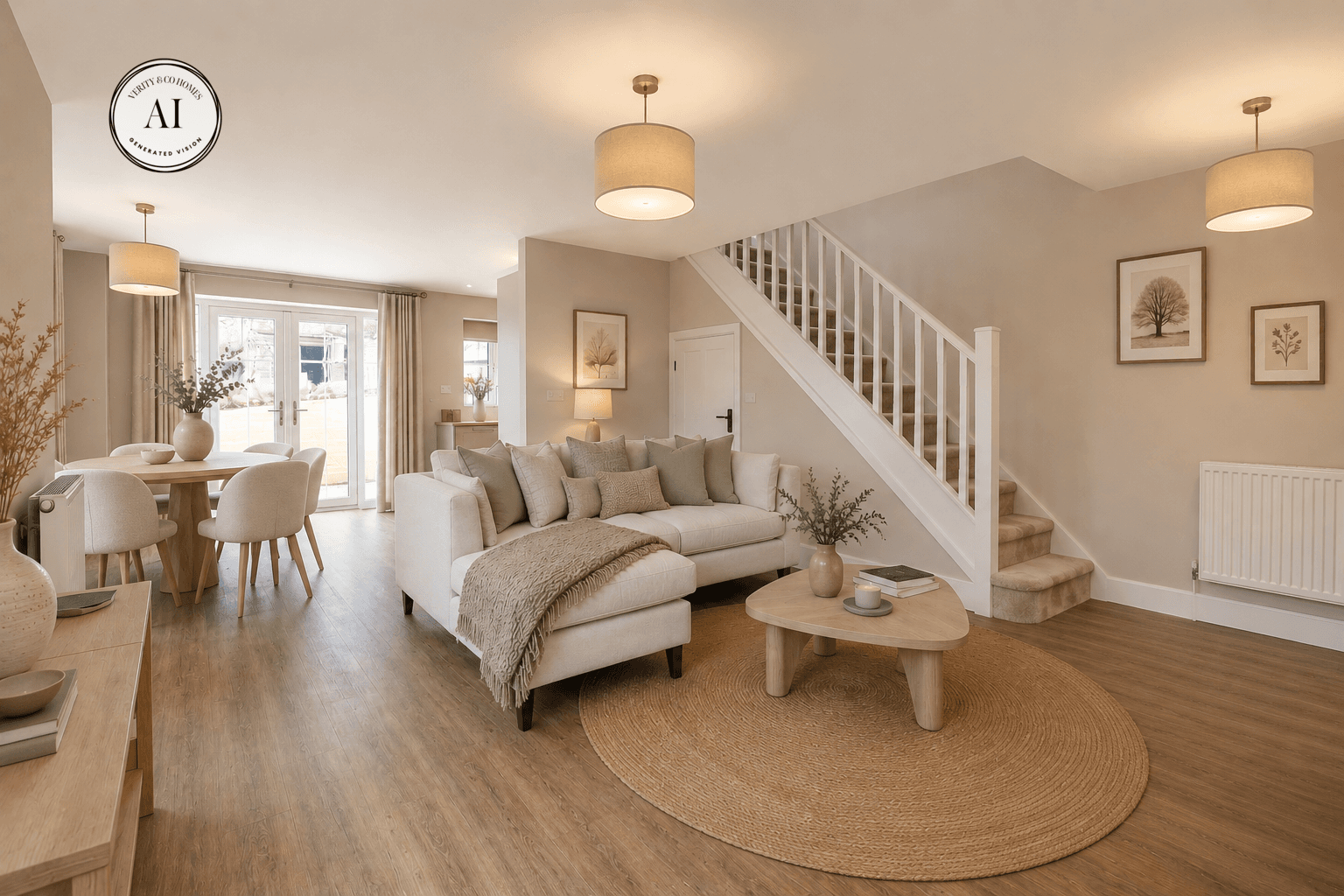 Open-plan living and dining room with neutral furnishings, French doors to the garden and a staircase leading to the first floor.