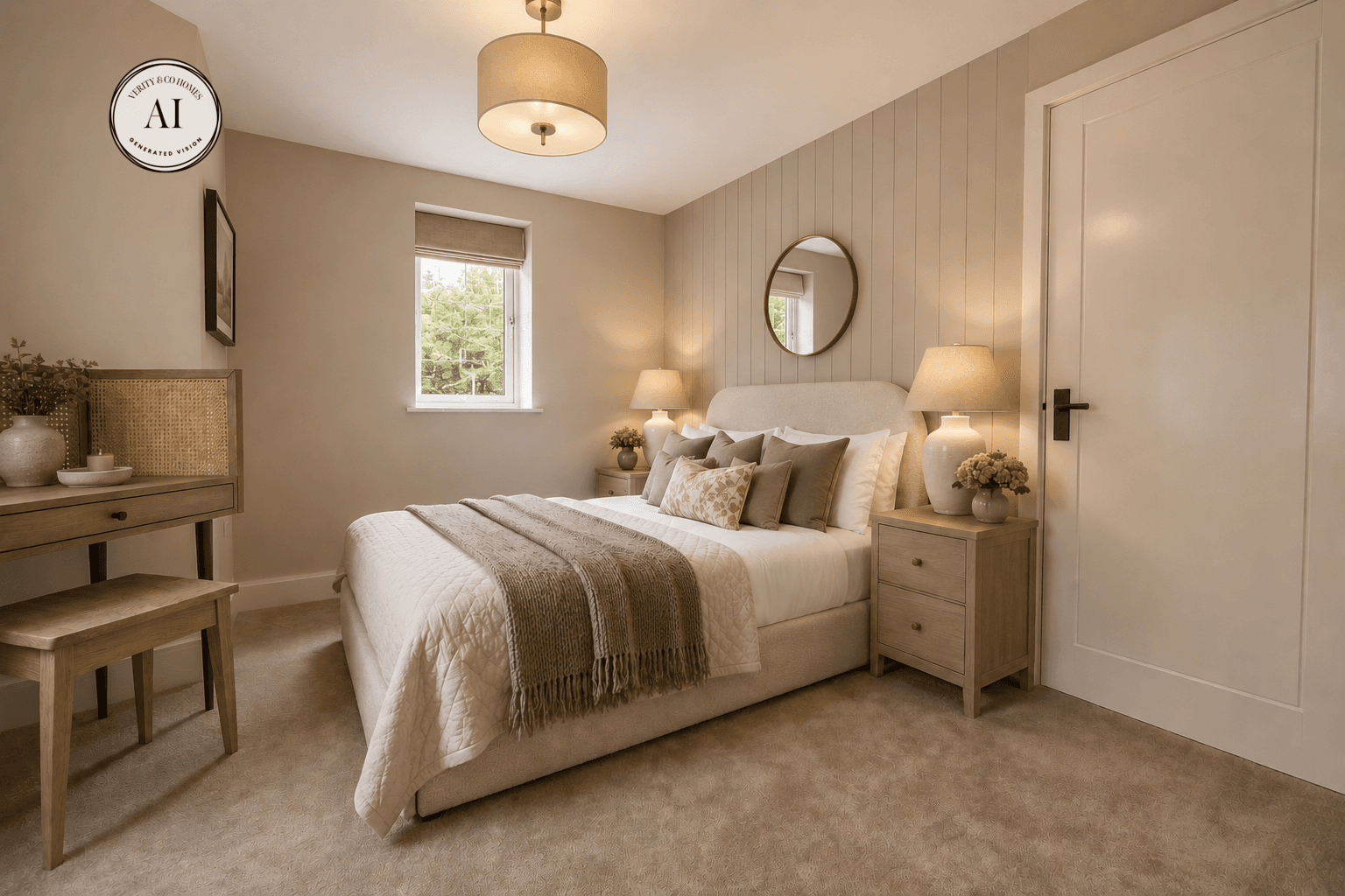 Neutral main bedroom with a double bed, upholstered headboard, bedside tables, dressing table and panelled feature wall.