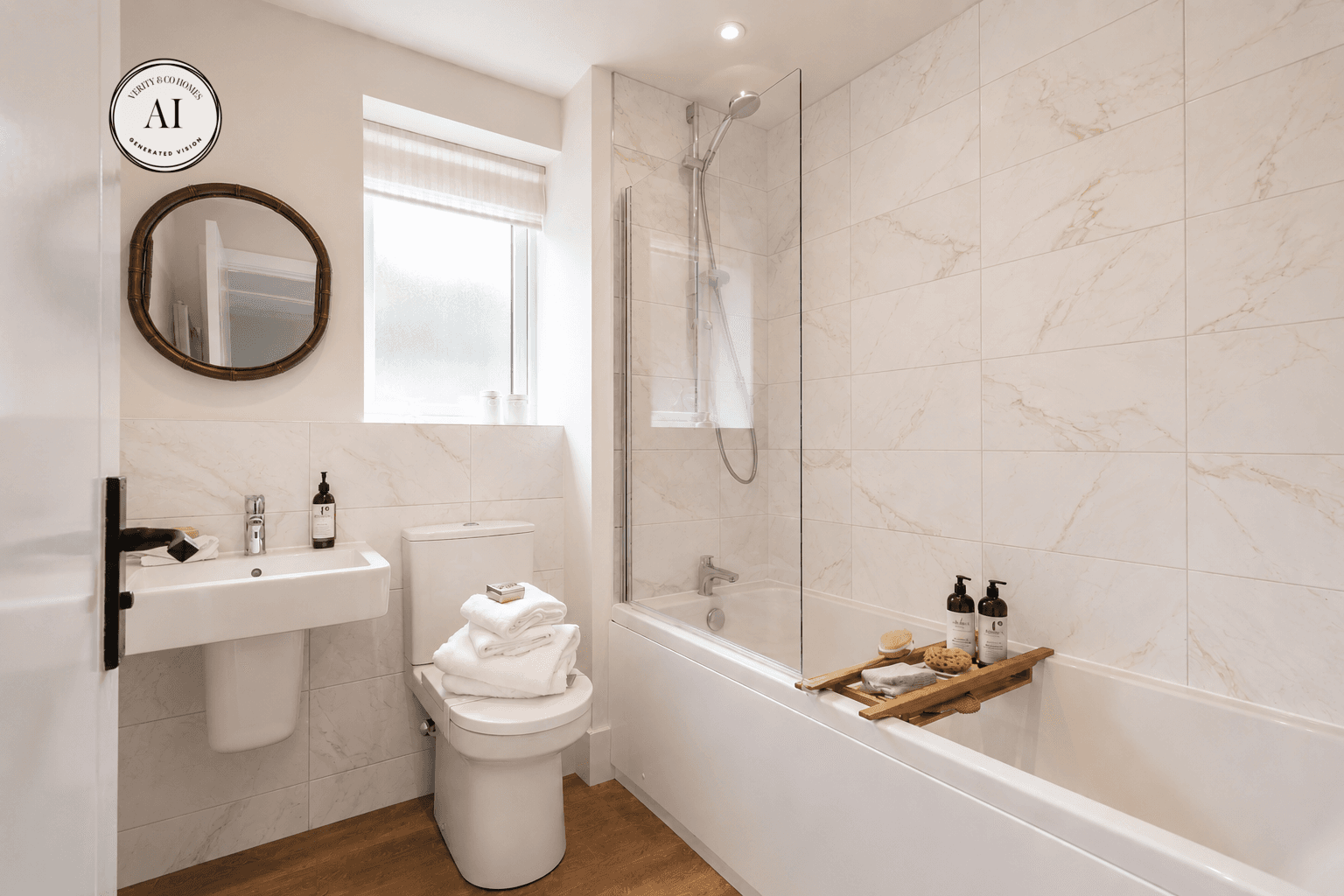 Bright family bathroom with a white bath and shower, marble-effect wall tiles, pedestal basin and frosted window.