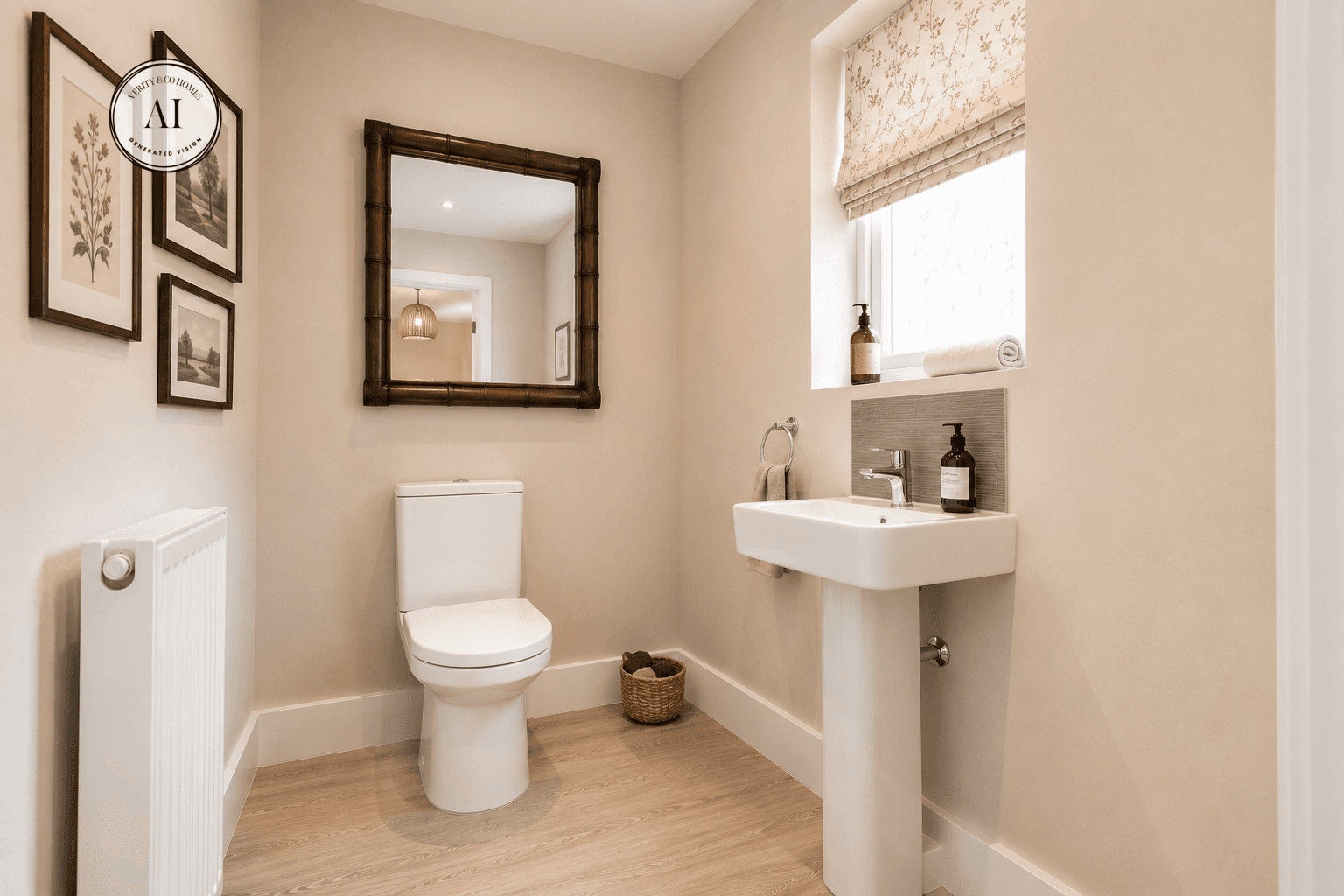 Ground-floor cloakroom with a white pedestal basin, toilet, wooden flooring, framed botanical prints and a large wall mirror.