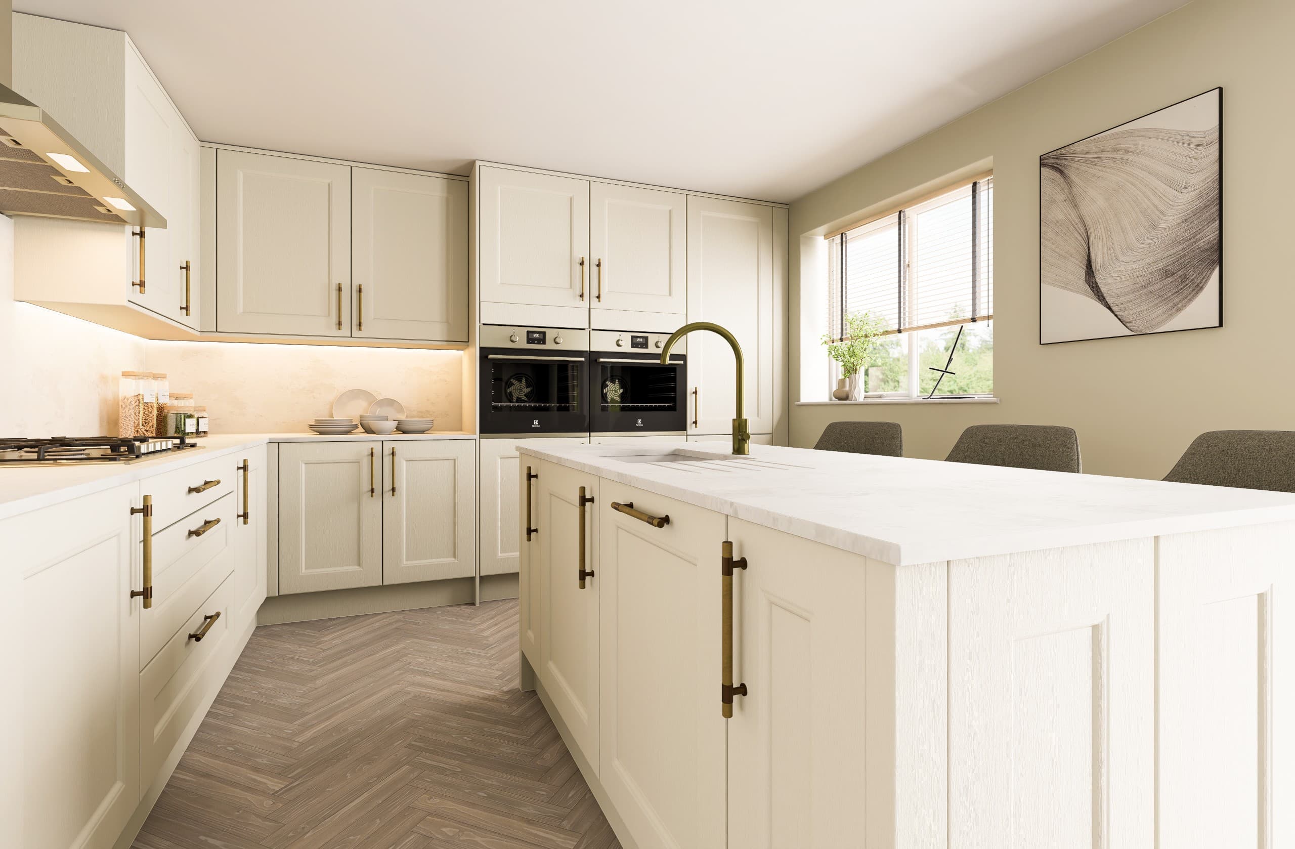 CGI kitchen with cream Shaker-style cabinetry, large central island, brass handles, double ovens and herringbone flooring.
