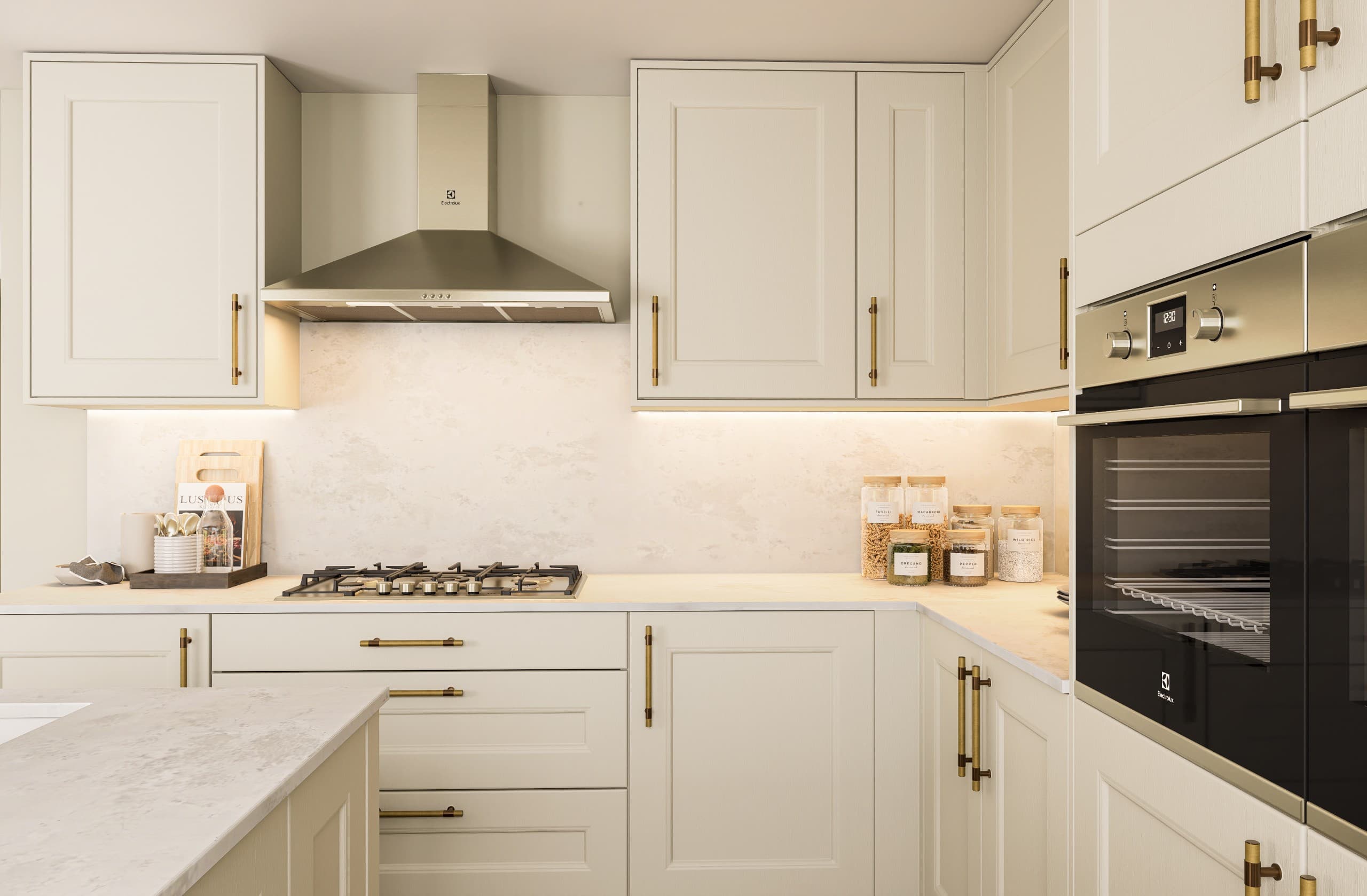 Close-up CGI of a cream Shaker-style kitchen with gas hob, extractor hood, integrated ovens, brass handles and illuminated worktops.