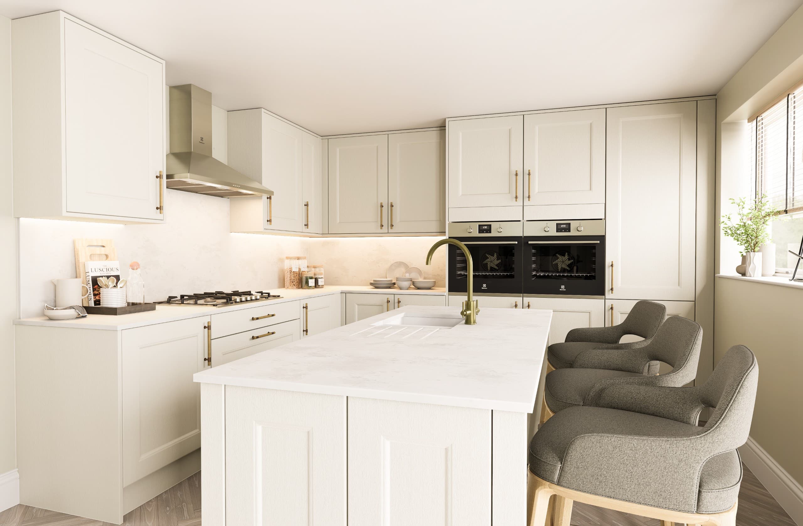 CGI of a spacious cream Shaker-style kitchen with central island, breakfast bar seating, double ovens and brass finishes.