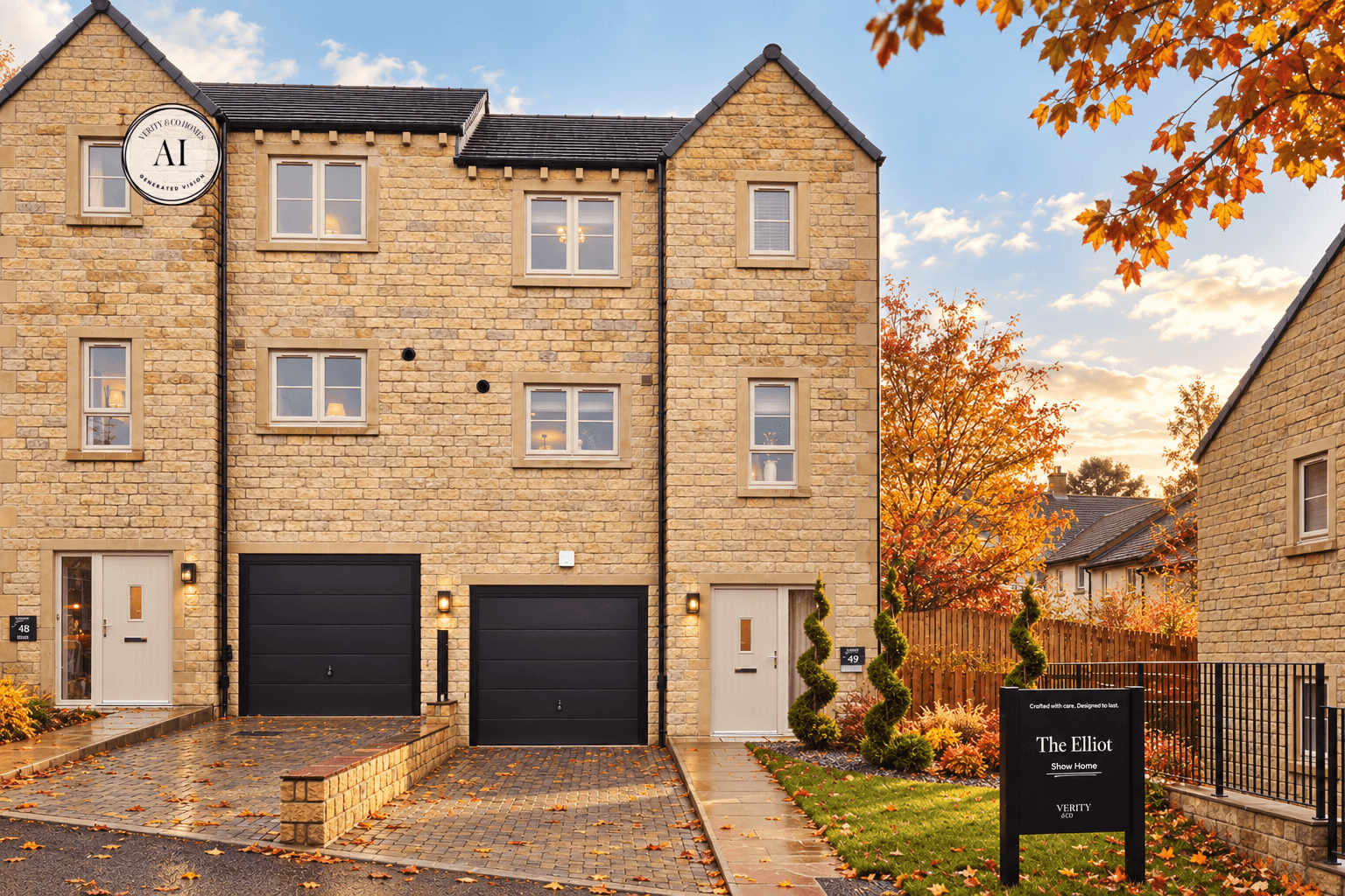 Autumnal CGI of The Elliot three-storey homes at The Oaks in Skipton, featuring natural stone exteriors, integral garages and the Verity & Co Homes show home signage.