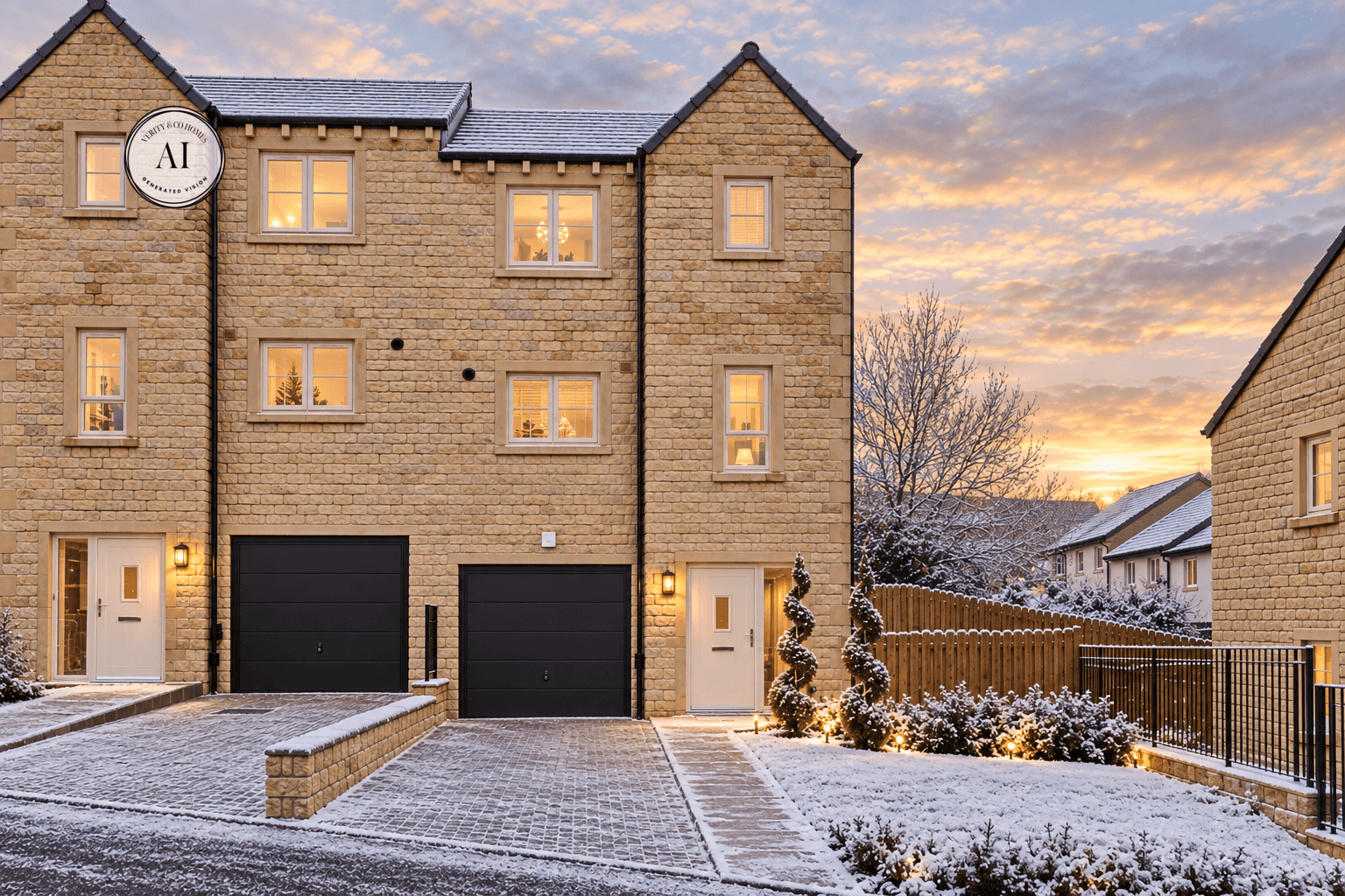 AI-generated winter view of The Elliot at The Oaks, Skipton, showing the stone-built three-storey home with integral garage, snowy landscaping and warm evening lighting.