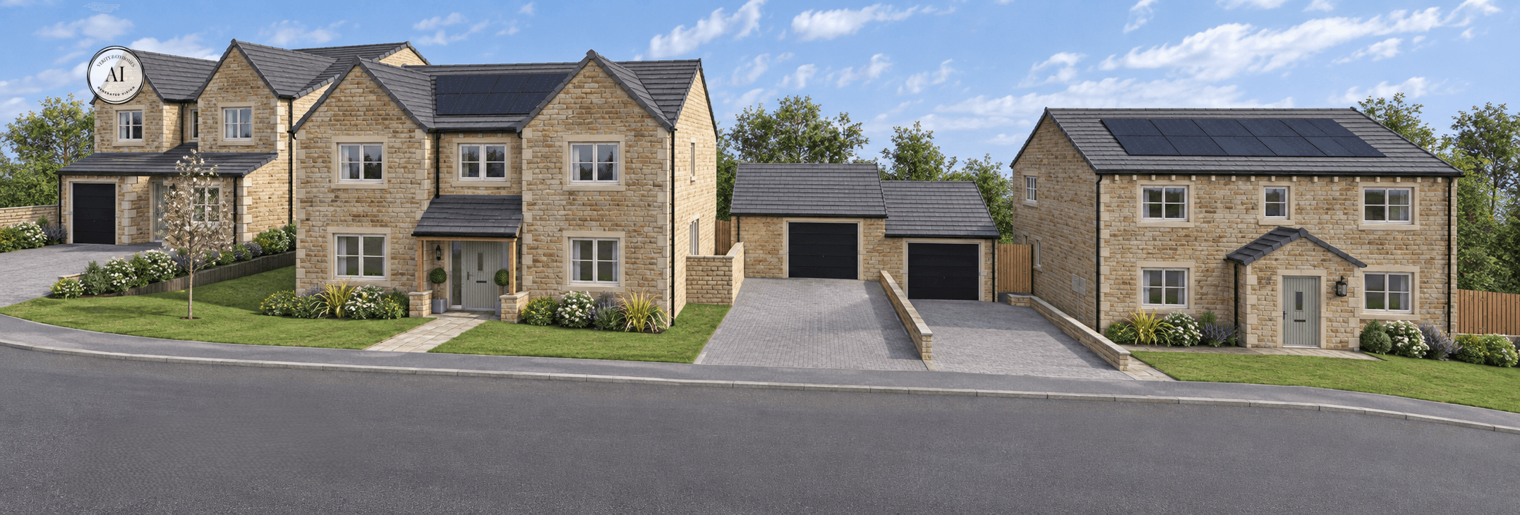 AI visualisation of Birchley Fold showing three detached natural stone homes with solar panels, garages, paved driveways and landscaped front gardens.