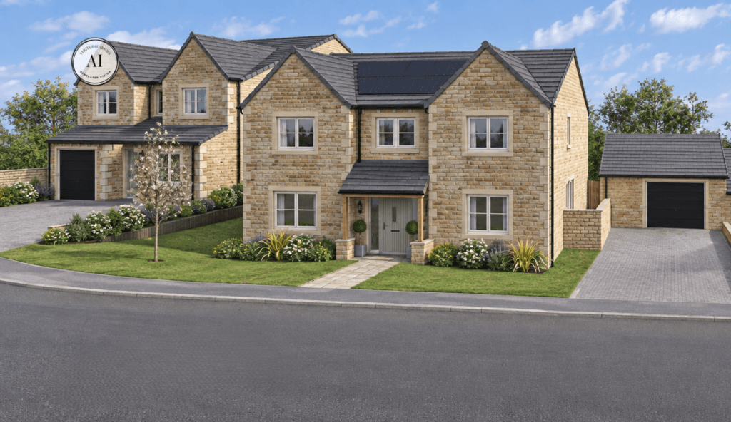 AI visualisation of two detached natural stone homes along the street at Birchley Fold, Silsden, with solar panels, front gardens, driveways and detached garages