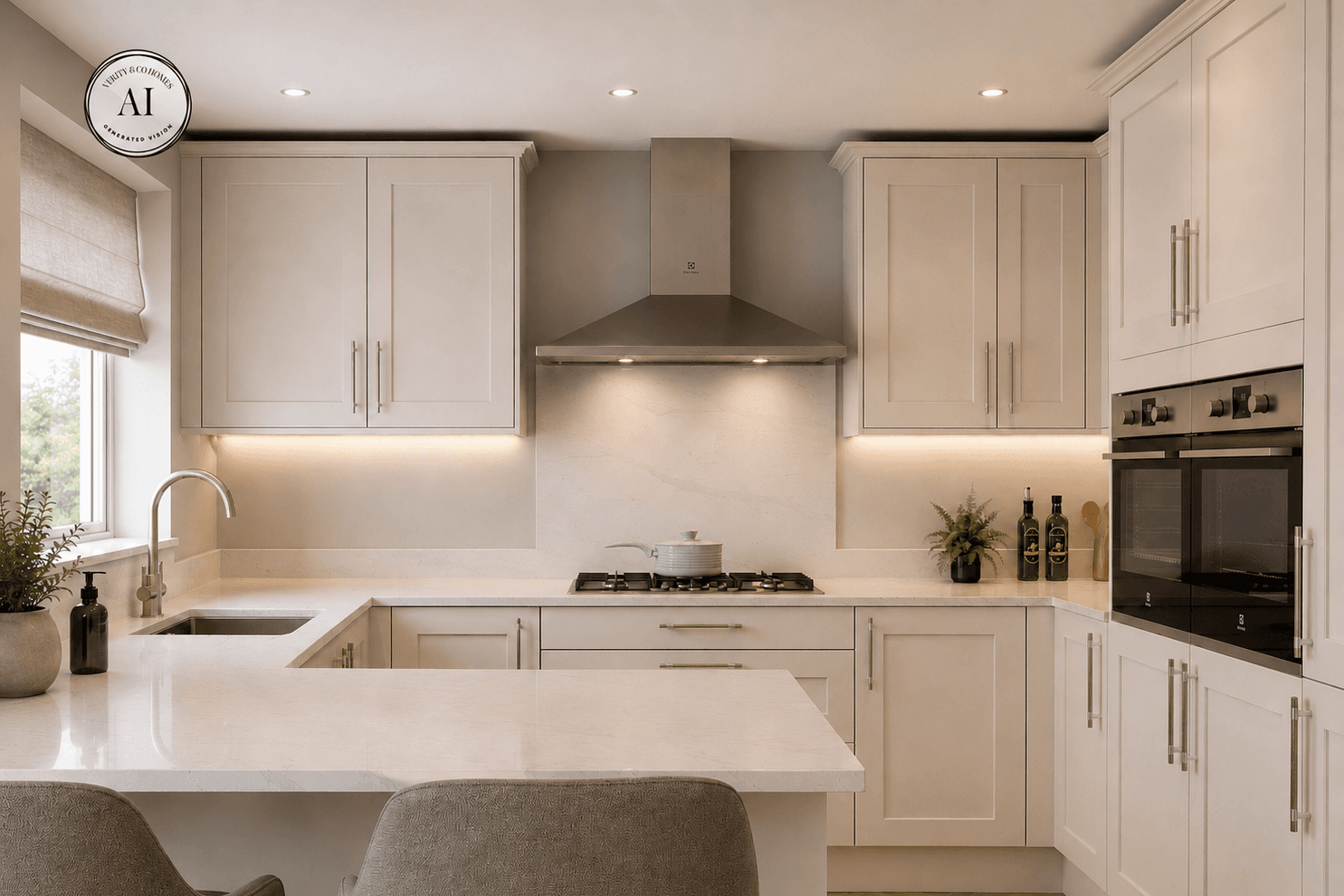 AI visualisation of the Iris kitchen at Birchley Fold, with shaker-style cabinetry, integrated appliances, breakfast bar and light stone worktops.