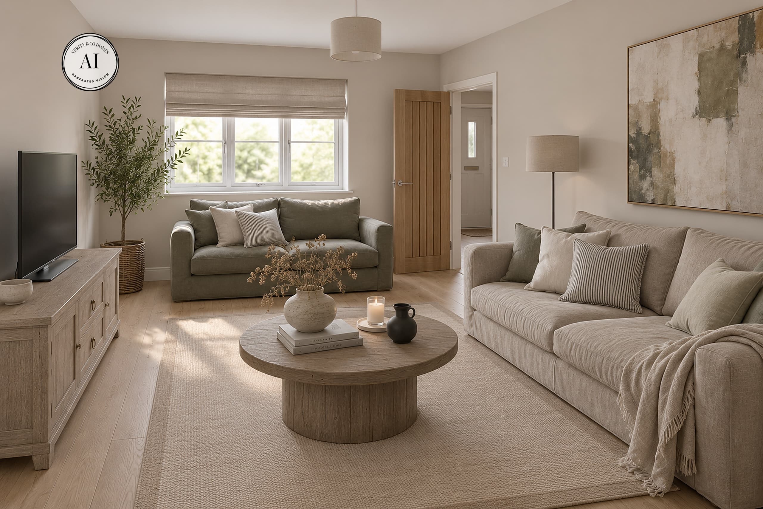 AI visualisation of the Iris living room at Birchley Fold, styled with neutral furnishings, two sofas and a large window overlooking greenery.