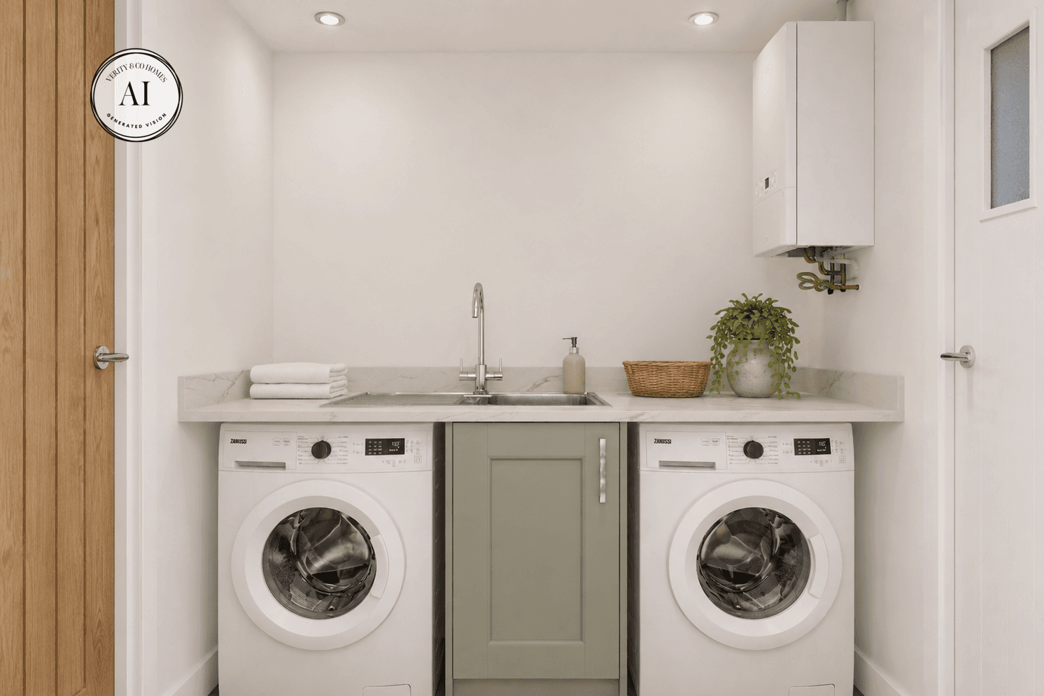 AI visualisation of the Iris utility room at Birchley Fold, with sink, storage cupboard and space for washing and drying appliances.