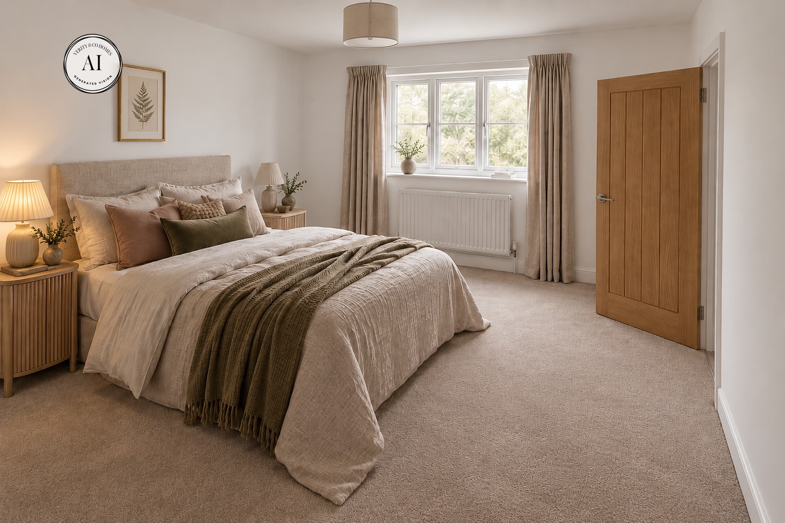AI visualisation of the Iris principal bedroom at Birchley Fold, showing a spacious double bedroom with neutral décor and fitted window overlooking greenery.
