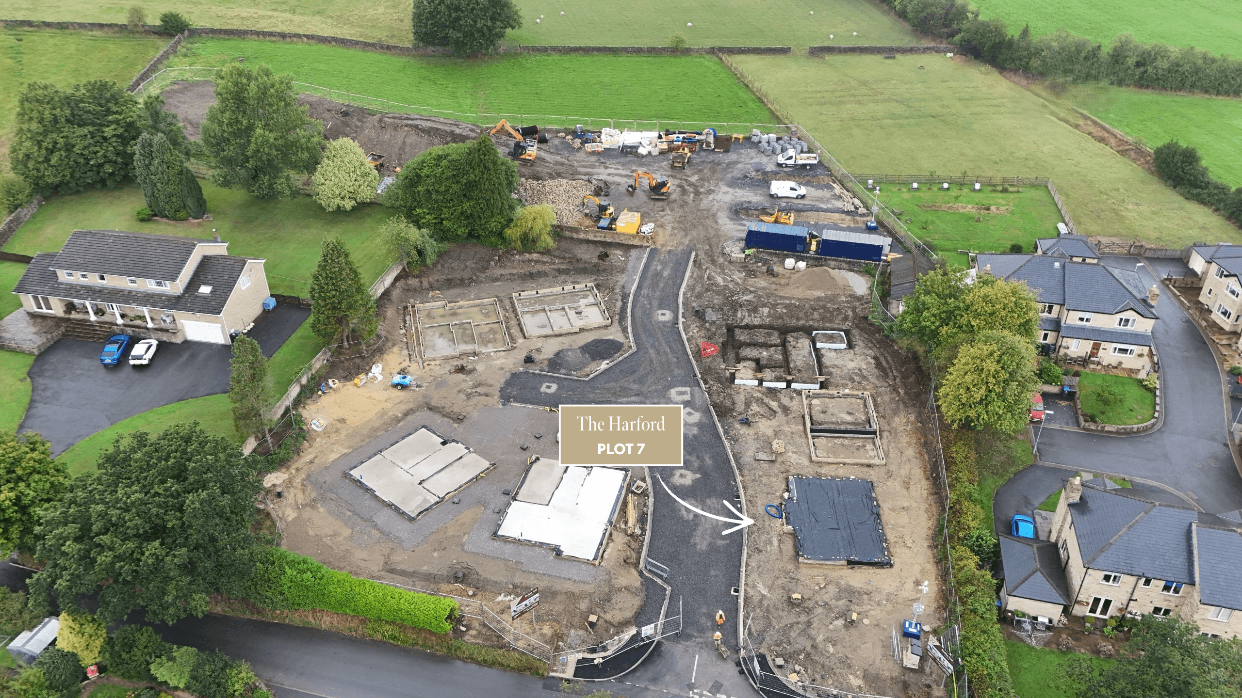 Aerial view of Birchley Fold under construction, showing Plot 7, The Hartford, positioned near the entrance to the development.