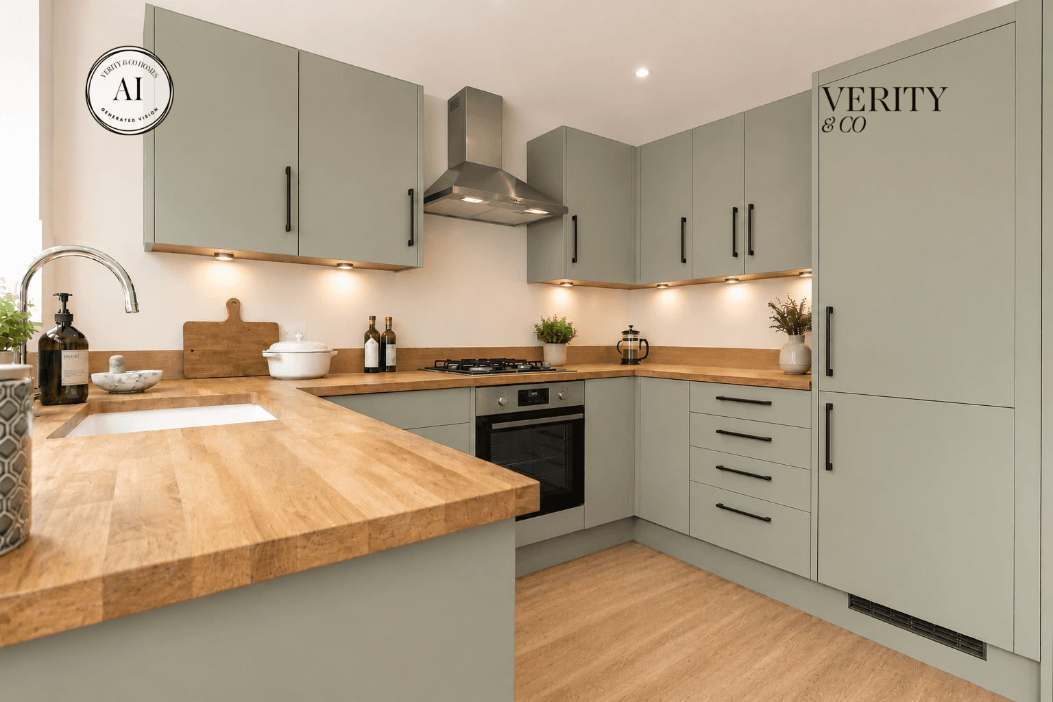 Sage green fitted kitchen with oak-effect worktops, black handles, integrated appliances and warm under-cabinet lighting.