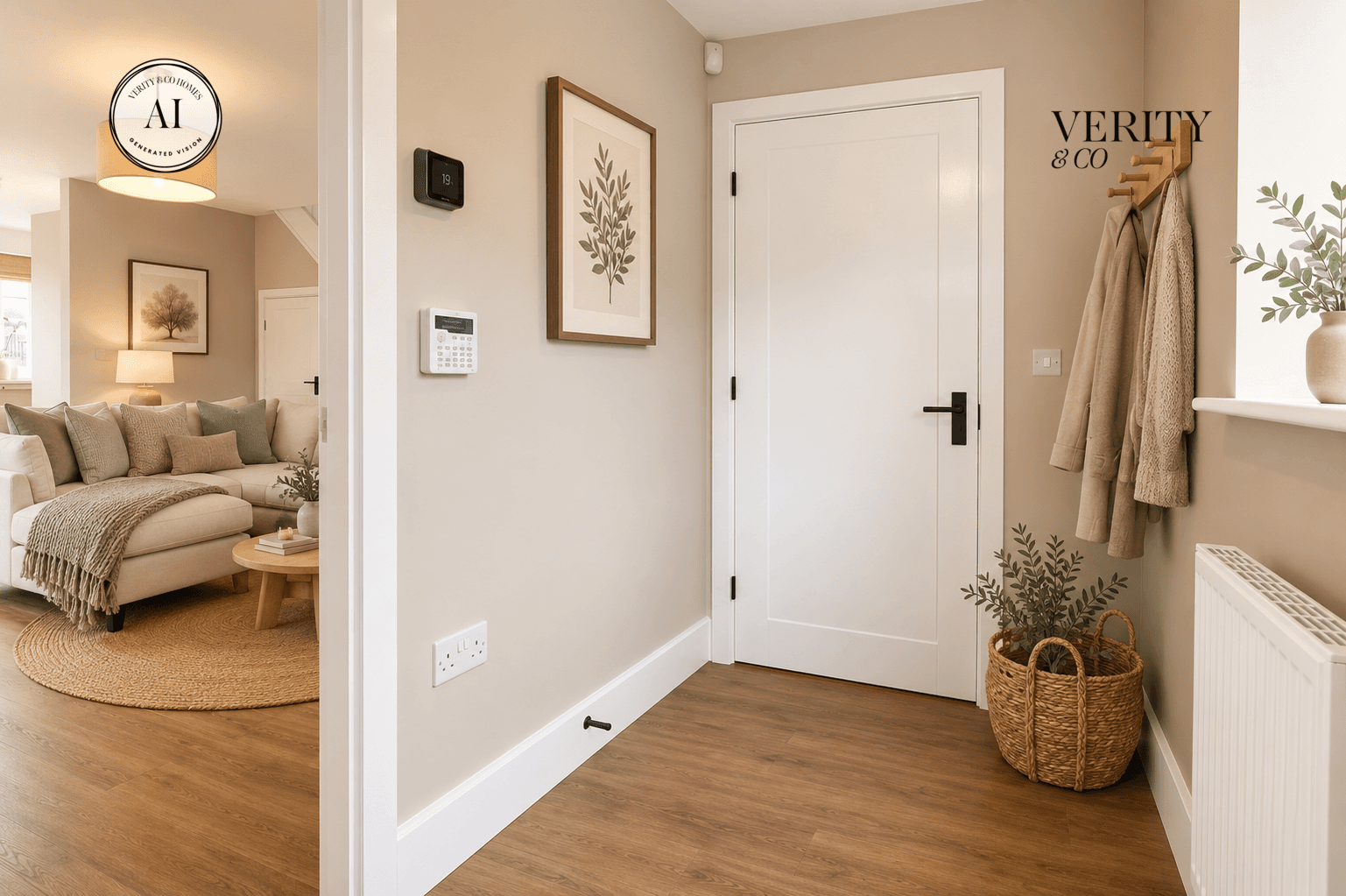 Warm neutral entrance hallway with a white internal door, wooden flooring, coat hooks and a view into the furnished living room.