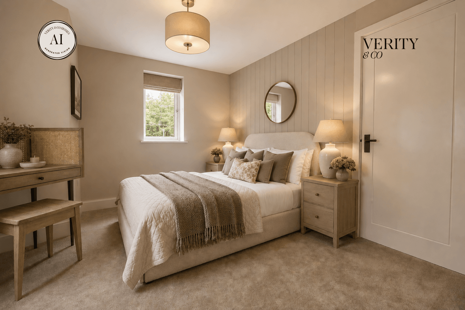 Neutral main bedroom with a double bed, upholstered headboard, bedside tables, dressing table and panelled feature wall.