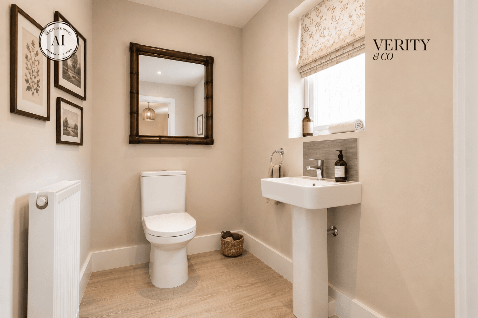 Ground-floor cloakroom with a white pedestal basin, toilet, wooden flooring, framed botanical prints and a large wall mirror.