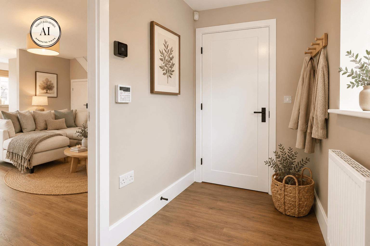 Ground-floor cloakroom with a white pedestal basin, toilet, wooden flooring, framed botanical prints and a large wall mirror.
