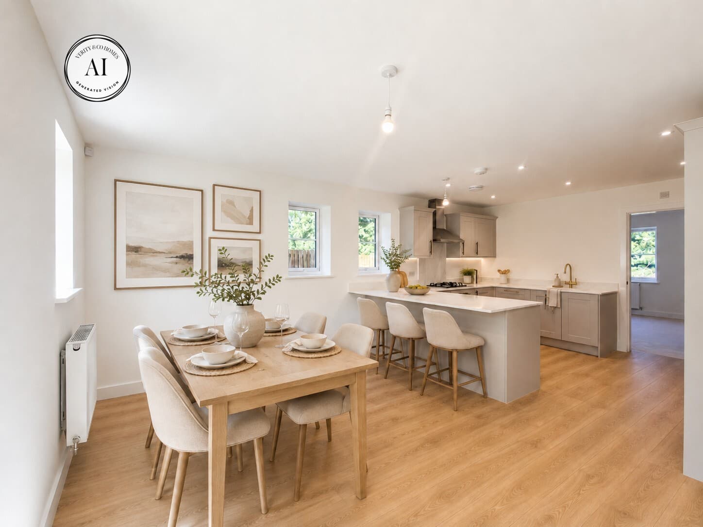 Open-plan kitchen and dining room with warm wood-effect flooring, a six-seat dining table, neutral cabinetry, breakfast bar seating and softly styled wall art.
